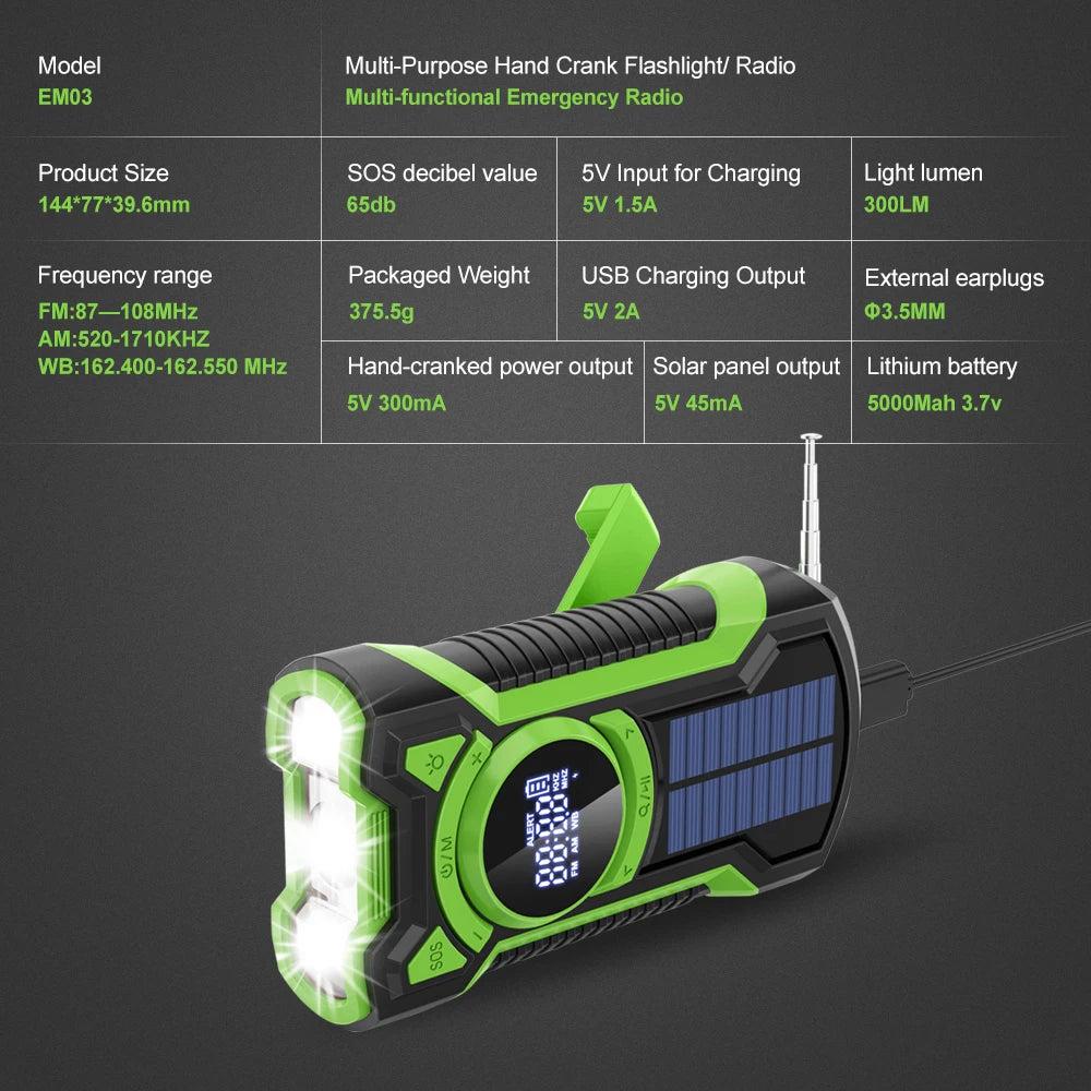 Emergency Radio Hand Crank Solar 5000mAh, IP65 Waterproof Dustproof Bluetooth 5.3 Portable AM/FM/NOAA Weather Alert Radio