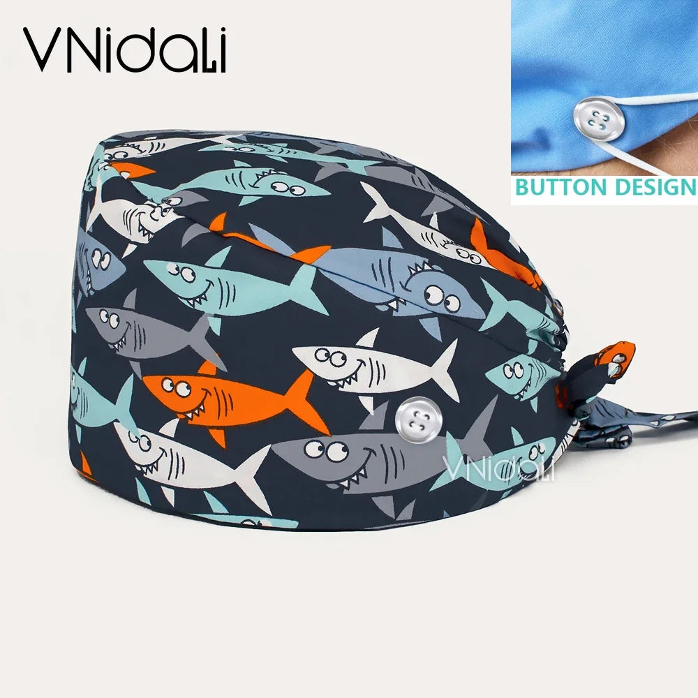 Floral Cotton Scrub Cap with Button – Adjustable Surgical Hat for Nurses, Doctors & Pet Groomers | 17 Colors