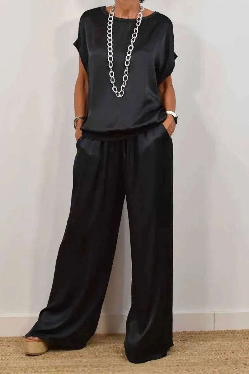 2-piece Set Fashion Satin O Neck T-shirt Top Trousers Summer Retro Elegant Casual Loose Wide-leg Pants Female Home Clothing Suit