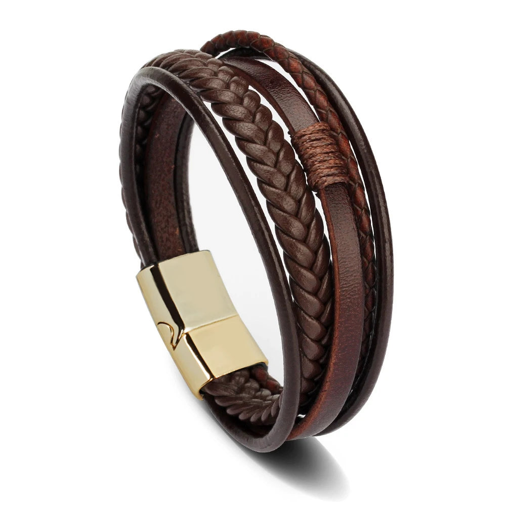 Men's Multilayer Leather & Braided Rope Bracelet – Vintage Aluminium Alloy Bangle | 21cm