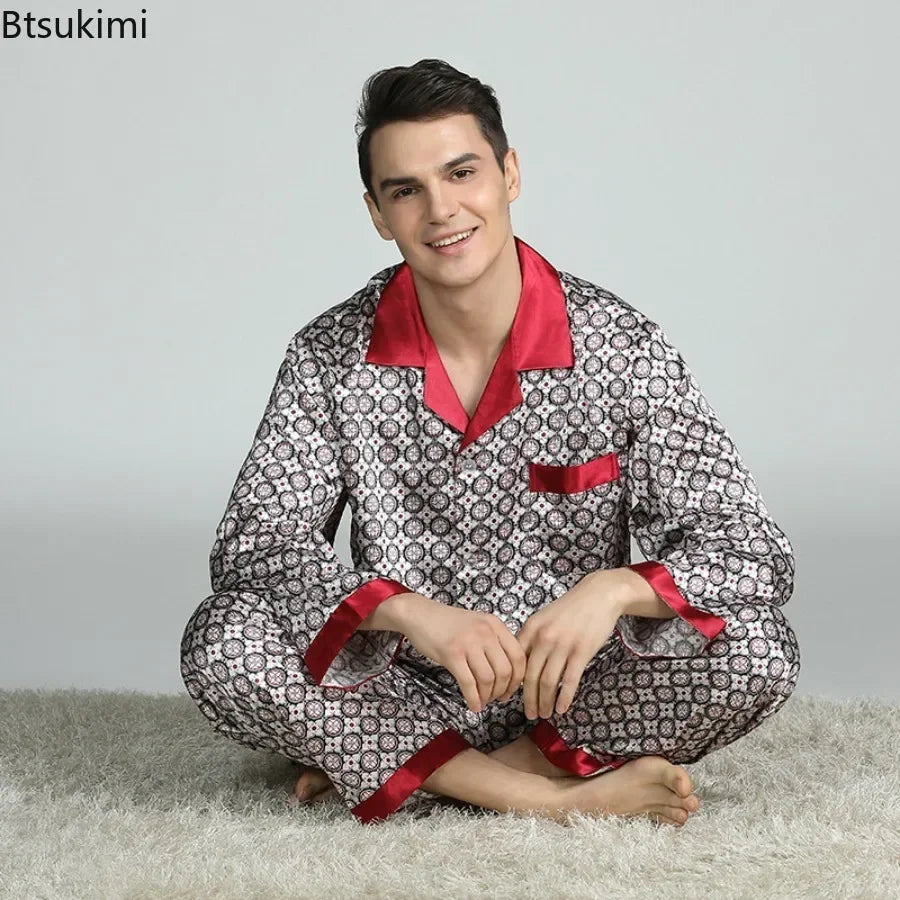 2026Men's Spring Summer Pajamas Sets Long Sleeve Tops&Pants Two-pieces Satin Home Clothes Male Ice Silk Printed Lounge Nightwear