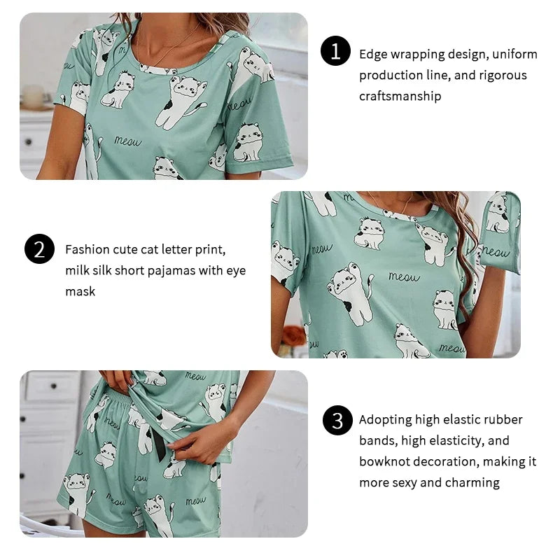 2026 Women Casual Cute Outdoor Shits with Shorts Pajamas Sets Short Sleeve Sleepwear 2 Piece Pjs Cartoon Cat Print Pyjamas Sets