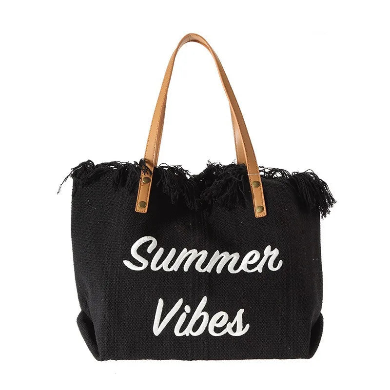 Women's Canvas Embroidered Letter Tote Bag