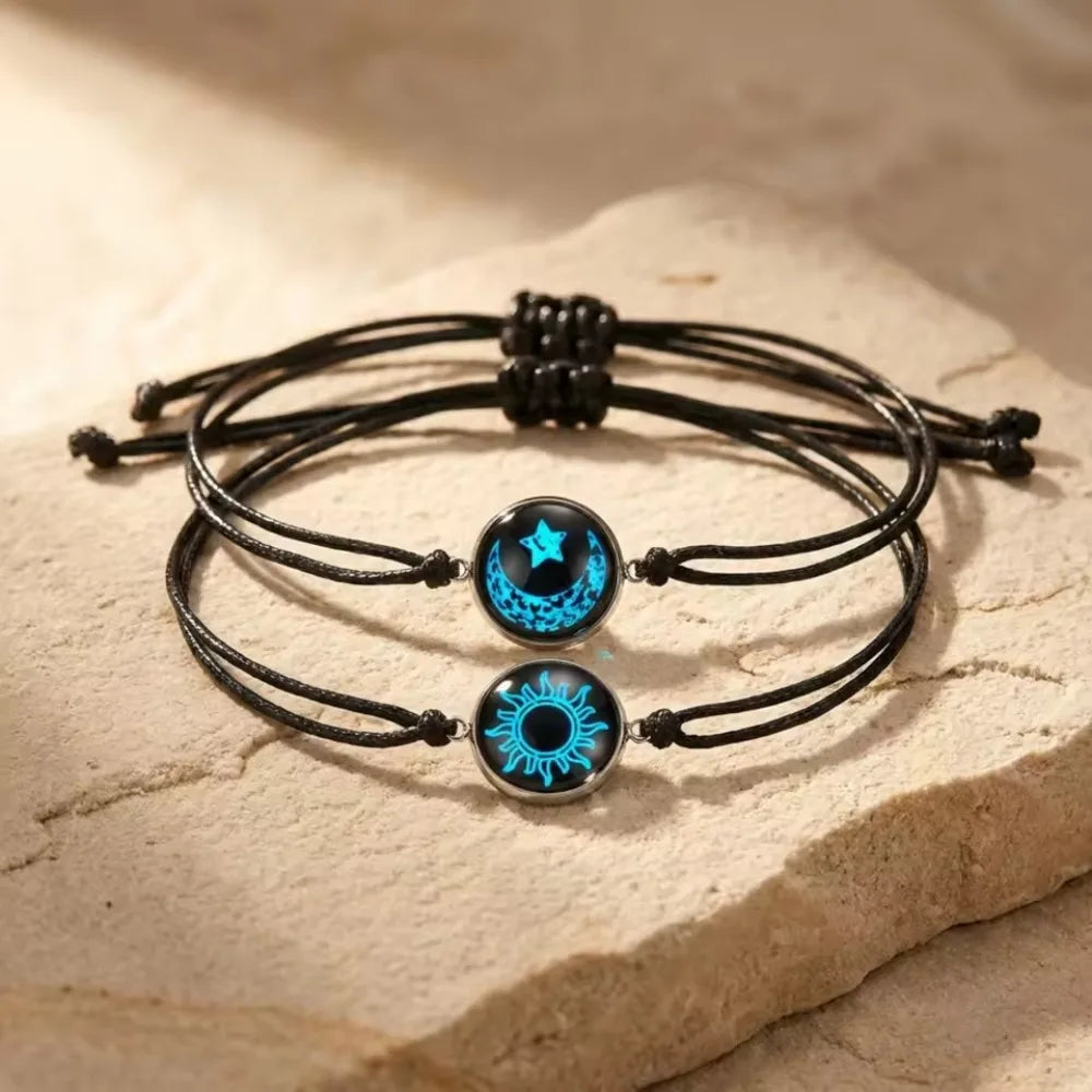 Handmade Braided Couple Bracelets Sun Moon Themed Glow In The Dark Glass Bead Adjustable Rope Wrist Jewelry Romantic Matching Accessory Gift