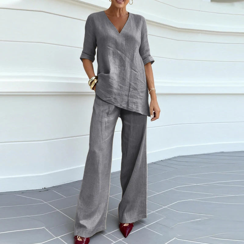 Summer Casual Solid V Neck Short Sleeve T-Shirts Loose Pocket Wide Leg Pants Suit Women Comfortable Beach Holiday Two Piece Set