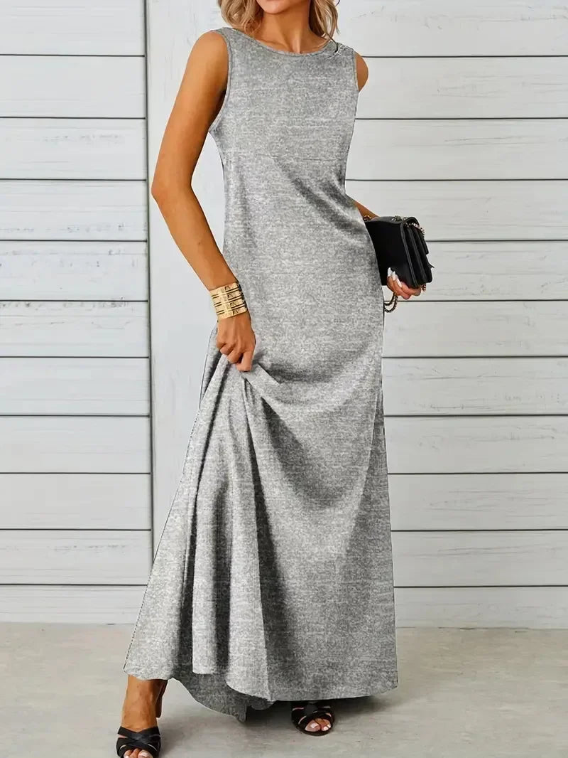 Women's Summer Elegant Long Dress Fashion Solid Sleeveless O-neck Temperament Slim Maxi Dress Ladies A-line Casual Dress