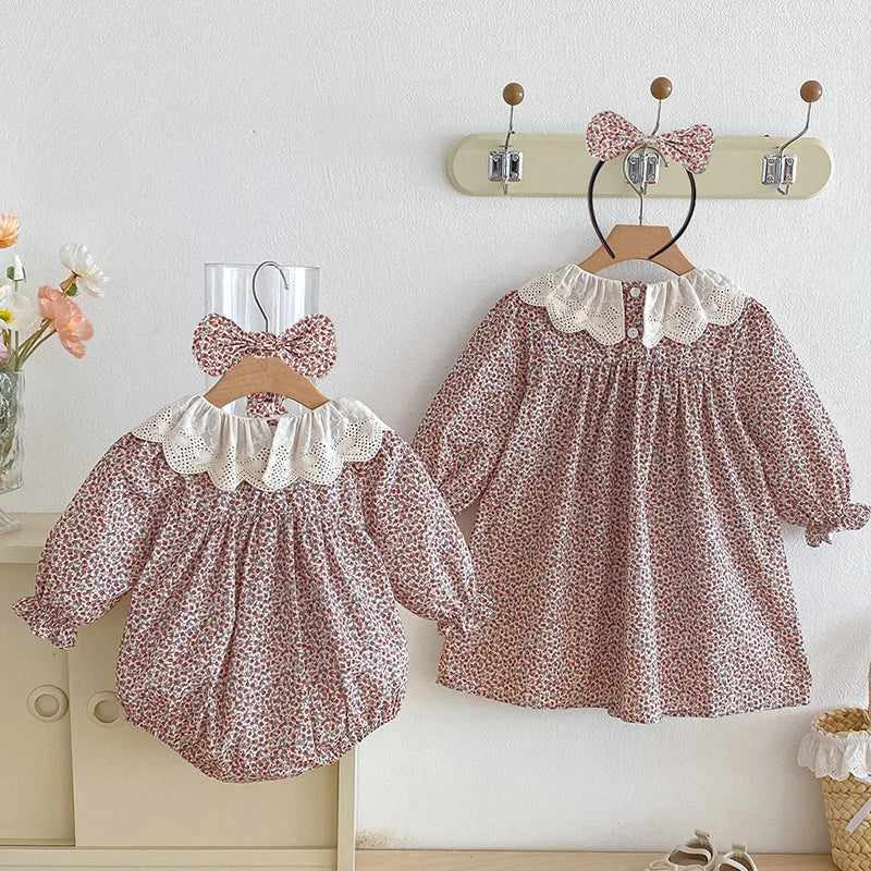 2026 New Spring Sister Dress Kids Princess Dresses Long Sleeved Cotton Print 2-7Yrs Girl Party Dress Baby Girl Romper
