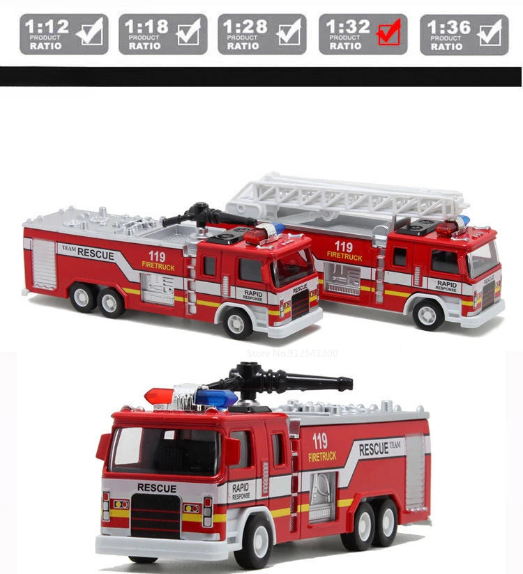1:32 Fire Truck Model Toy Car Alloy Body Rubber Tire Music Light Pull Back Climbing Water Tank 119 Vehicles Models Toys Gifts