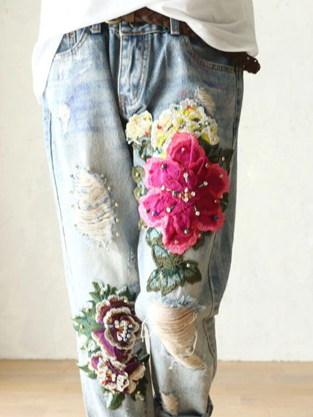 Women's Floral Embroidery High Waist Loose Harem Jeans