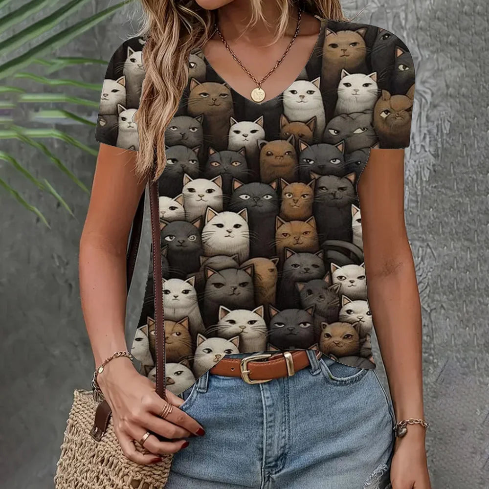 Women's Loose Short Sleeve 3D Cat Print T-Shirt – V-Neck Casual Summer Top