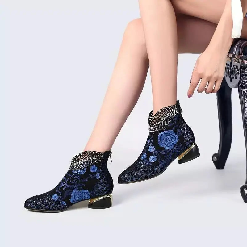 Women's Handmade Embroidered Square Heel Ankle Boots