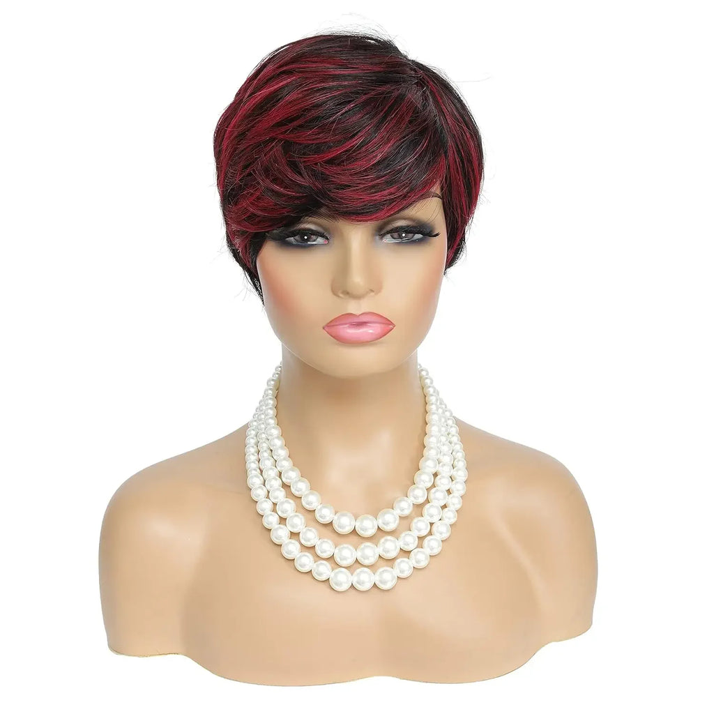 Short Hair Wigs for Black Women Ombre Red Wig Pixie Cut Wigs with Bangs Synthetic Short Pixie Wig for Black Women Natural Black