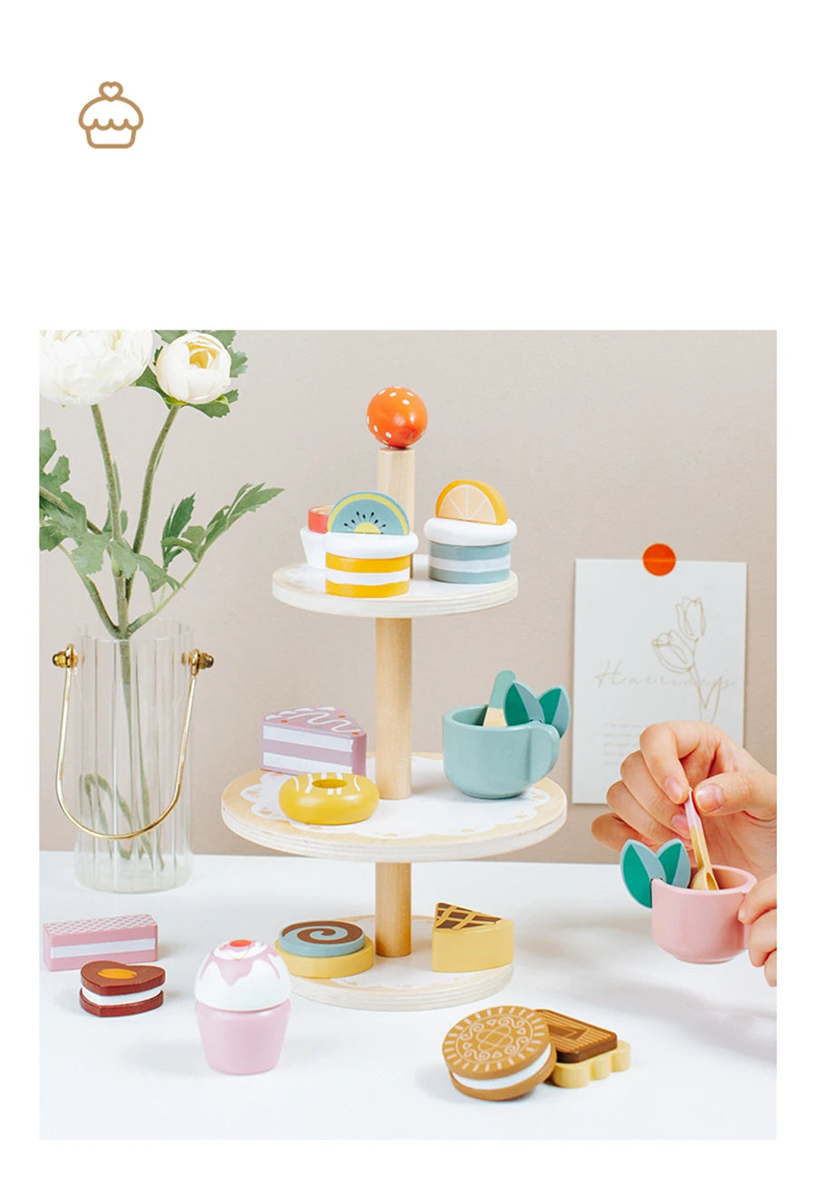Tea Party Set Dessert Stand Playset ,Wooden Toys Pretend Play Food Kitchen Accessories for Toddler Tea Set Birthday Gift