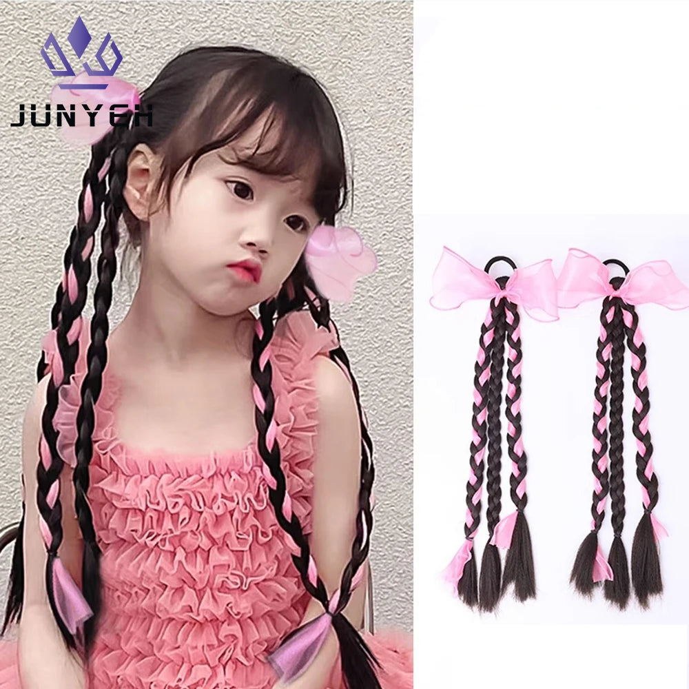 1PC Colorful Bow Wig Braids Hair Rings Ponytail Sweet Cool Twist Long Braids Hair Tie For Girls Women