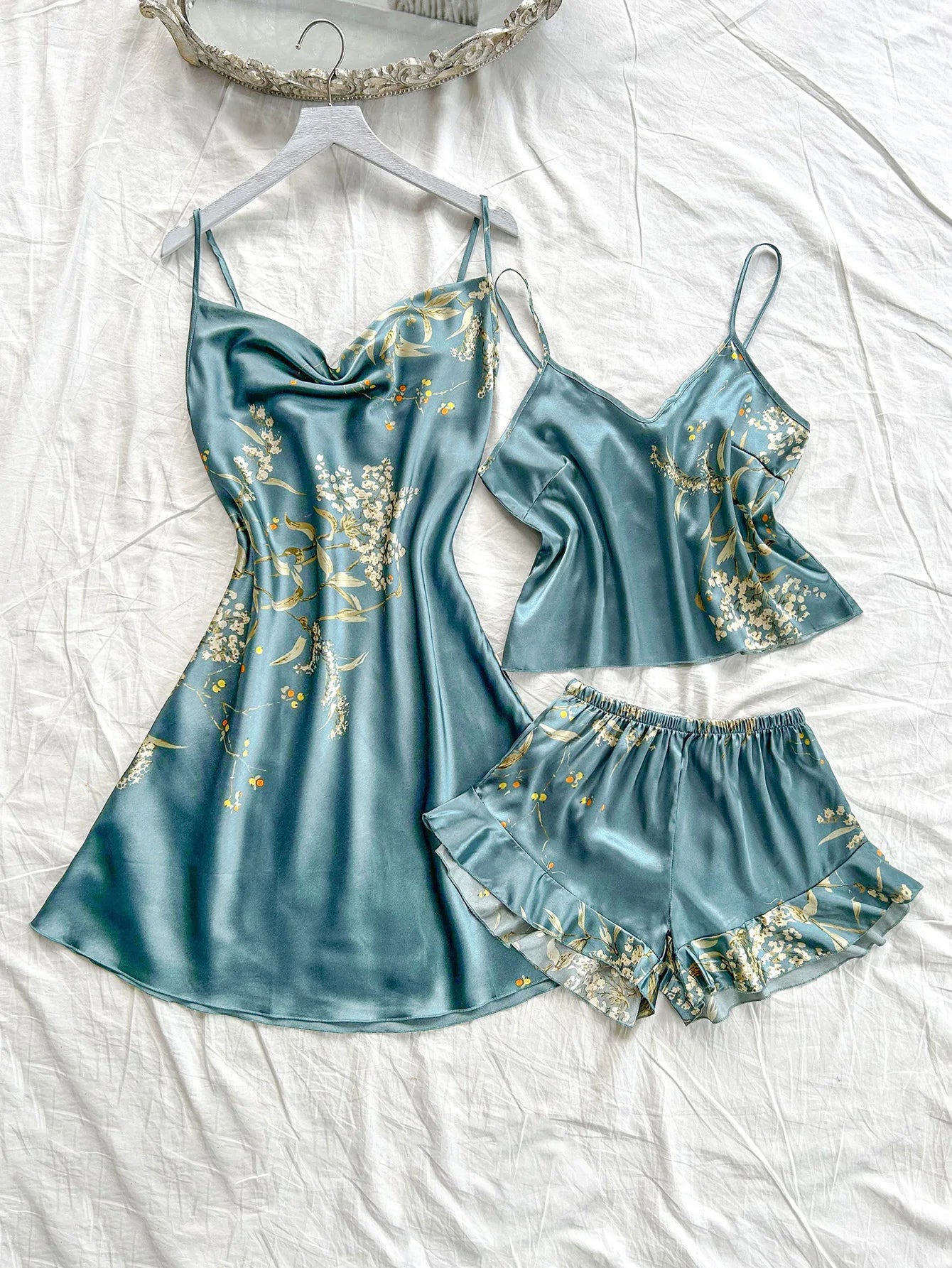 Women's Cherry Print 3-Piece Spaghetti Strap Pajama Set – Halter Dress Sleepwear & Loungewear