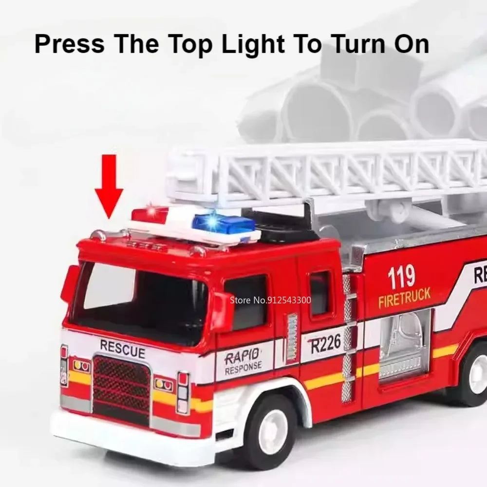 1:32 Fire Truck Model Toy Car Alloy Body Rubber Tire Music Light Pull Back Climbing Water Tank 119 Vehicles Models Toys Gifts