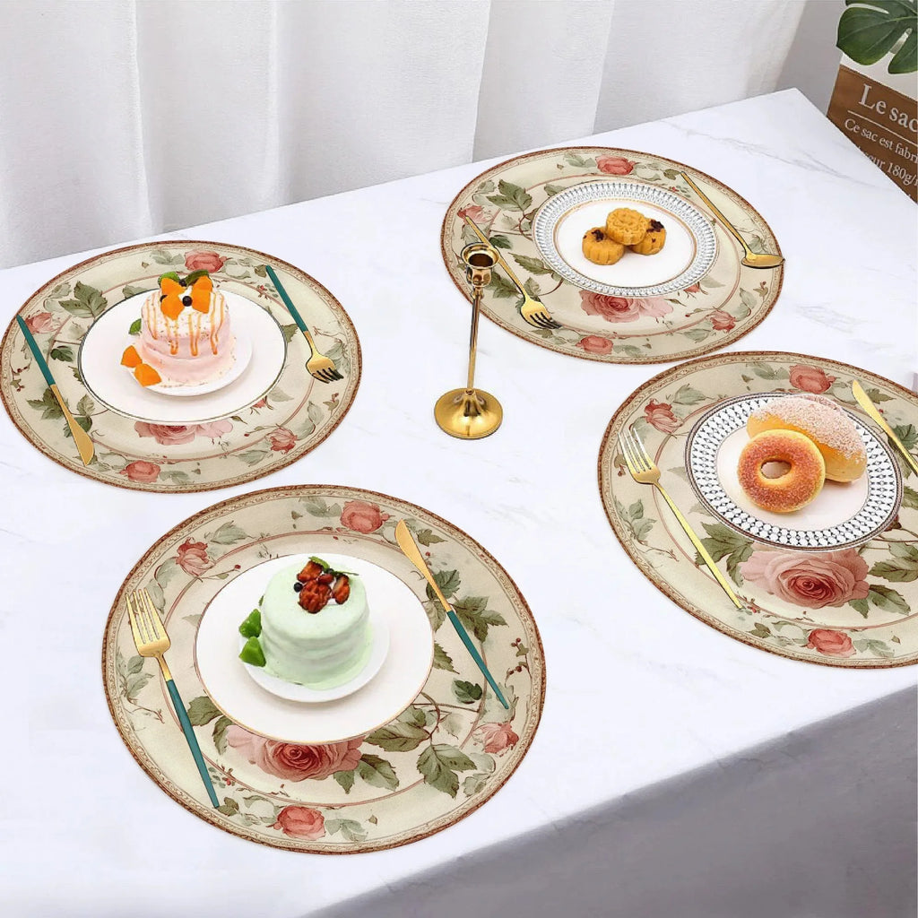 Elegant Pink Rose Placemats - Set of 4 | Non-Slip, Heat Resistant, Vintage Floral Design | Machine Washable 15" Dining Mats