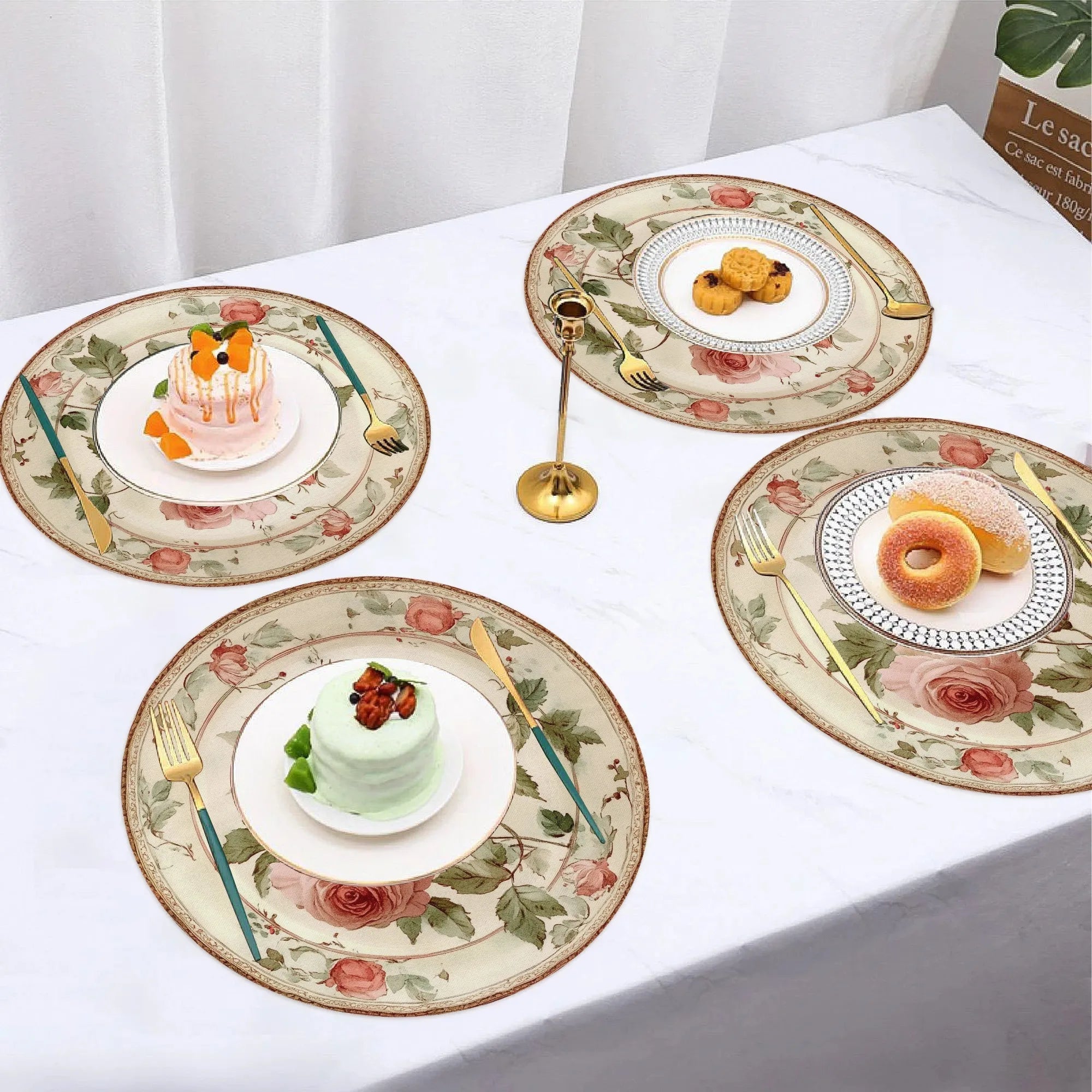 Elegant Pink Rose Placemats - Set of 4 | Non-Slip, Heat Resistant, Vintage Floral Design | Machine Washable 15" Dining Mats