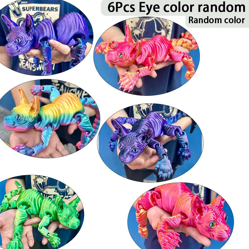 6-Pack 3D Printed Hairless Cat Statues | Flexible Colorful Animal Figures | Home & Office Decor