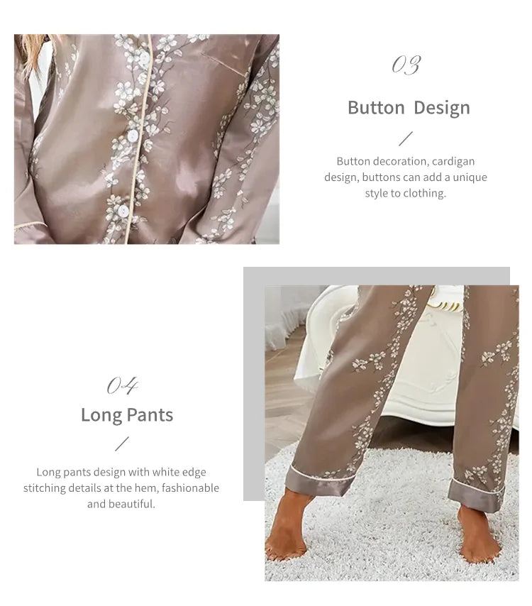 2026 Women Satin Pajama Casual Sleepwear Home Suit Spring Long Sleeve Button Up Top & Pants Nightwear Loungewear Pyjama Femme