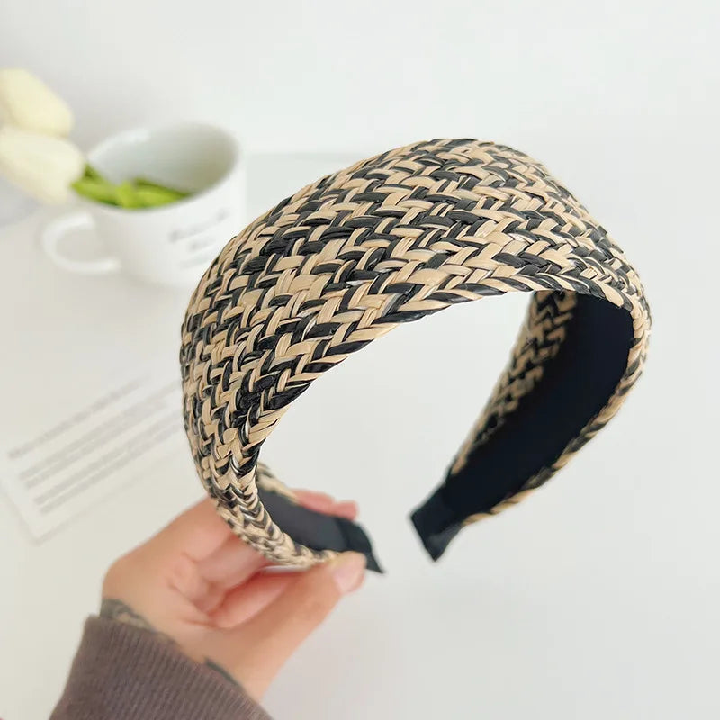 Woven Straw Braid Wide Headband Women Widened Anti Slip Linen Headwrap Travel Colored Striped Lafite Grass Hnitted Hair Hoops