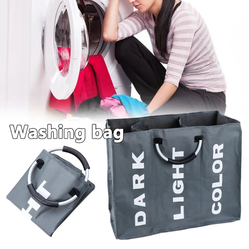 1PC Foldable Home Laundry Basket Large Dirty Laundry Basket Hamper 3 Section Oxford Cloth Dirty Clothes Bag with Aluminum Handle