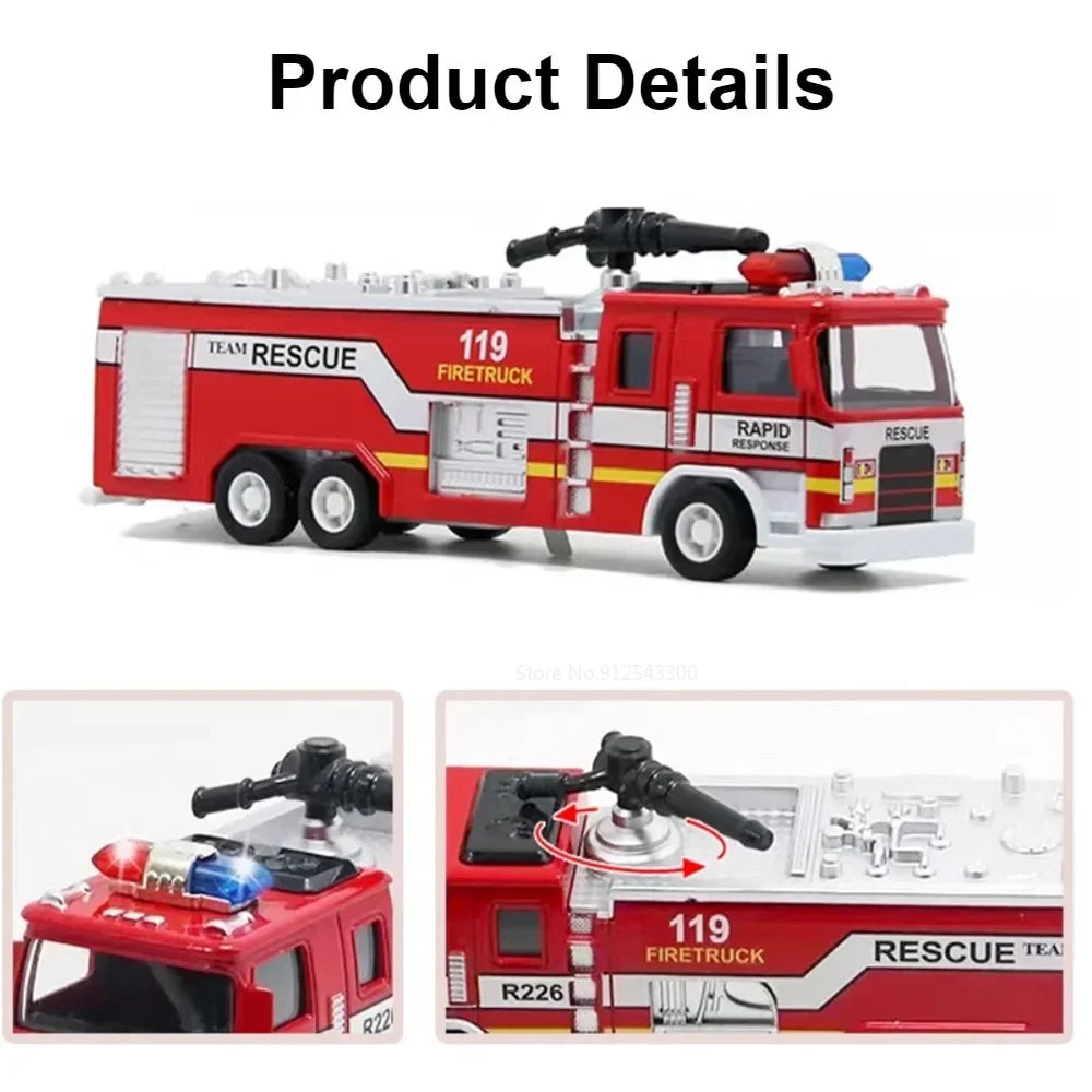 1:32 Fire Truck Model Toy Car Alloy Body Rubber Tire Music Light Pull Back Climbing Water Tank 119 Vehicles Models Toys Gifts