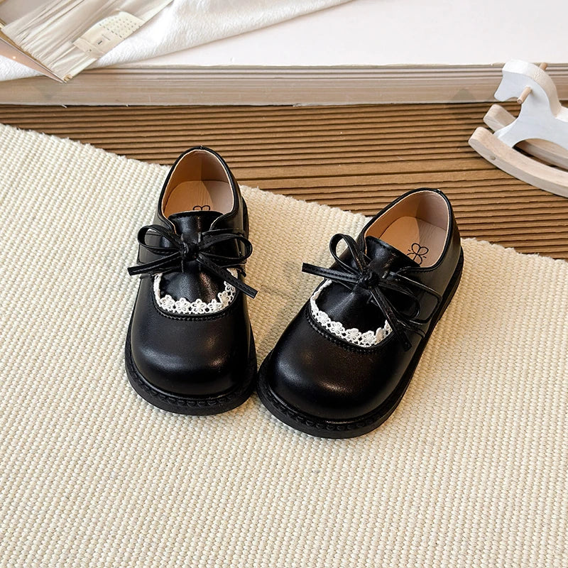 Girls Lace Trim Bow Mary Jane Princess Flat Shoes