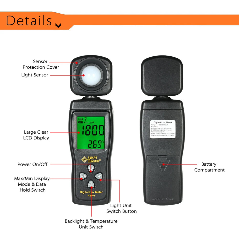 Mini Digital Lux Meter LCD Display Handheld Illuminometer Luminometer Photometer Luxmeter Light Meter 0-200000 Lux