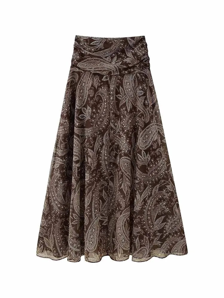 HH 2026 Woman New Early Spring Fashion Chiffon Printing Pleated Decoration Large Hem Midi Skirt Female Casual Chic Party Skirt