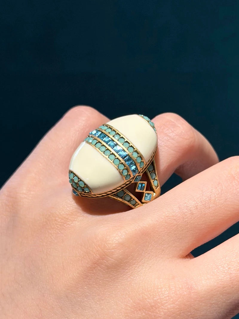 Vintage Oval Sea Blue Crystal Rings Natural Stone White For Woman 18k Real Gold Plated Luxury Antique Jewelry High Quality 2026