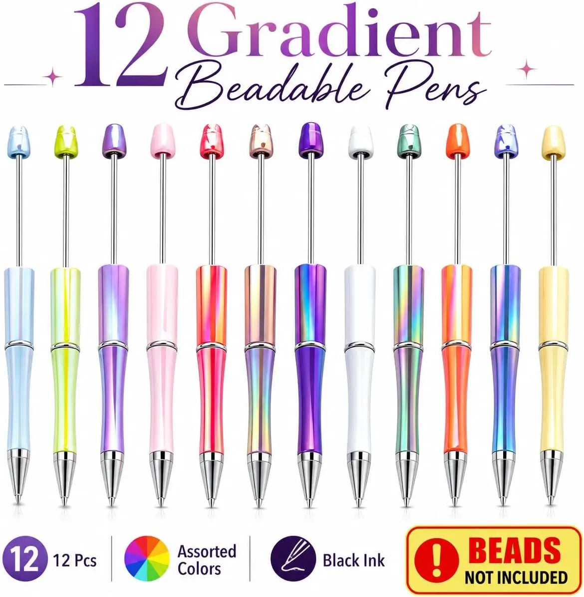 Beadable Pens for DIY | 12-Pack Gradient Beaded Ballpoint Pens | Party Favors & Gifts