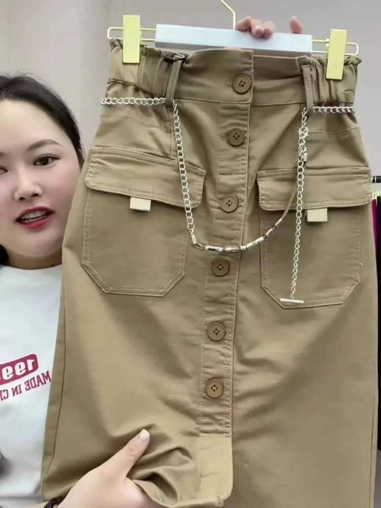 2026 Spring Summer New Women's High Waist Slim Skirts Female Fashion Buttons A-line Skirts Ladies Solid Color Casual Skirts