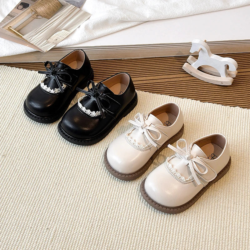 Girls Lace Trim Bow Mary Jane Princess Flat Shoes