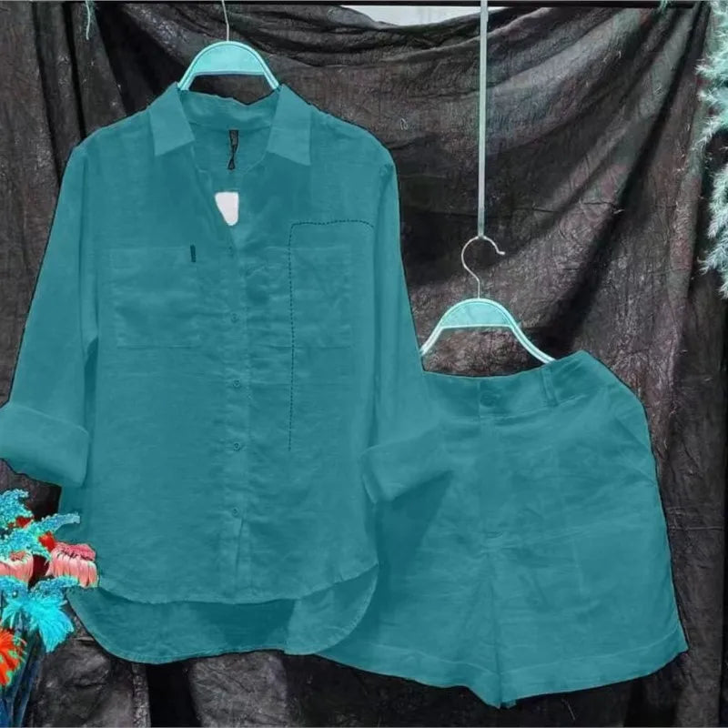 Summer Cotton Linen Casual Home 2 Piece Set For Women Fashion White Long Sleeve Shirt And Shorts Two Piece Sets Tracksuit