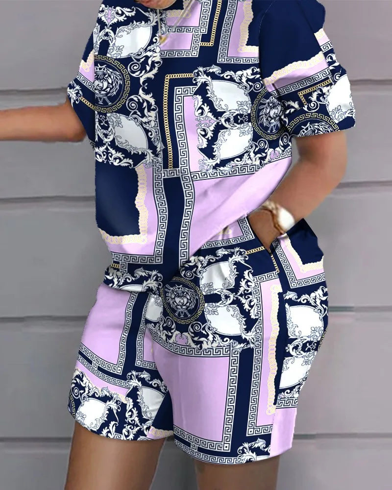 Women's Printed Wide Leg Pants & Short Sleeve Top Set