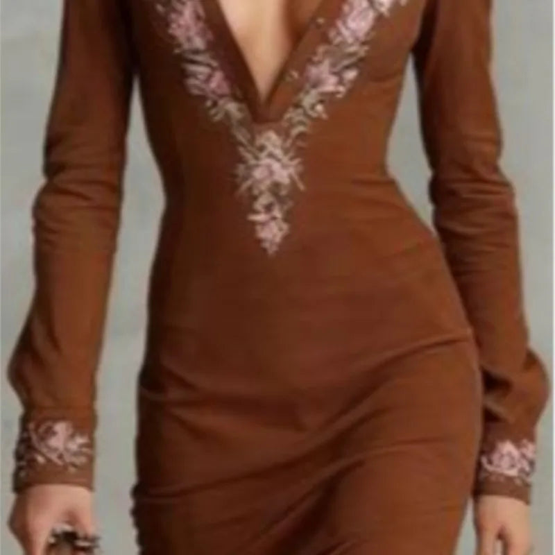 Women's Embroidered Long Sleeve Slim V-Neck Midi Dress