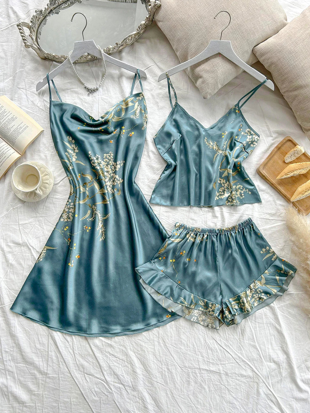 Women's Cherry Print Pajamas Sexy Fashion Halter Dress 3 Piece Women's Pajamas Set