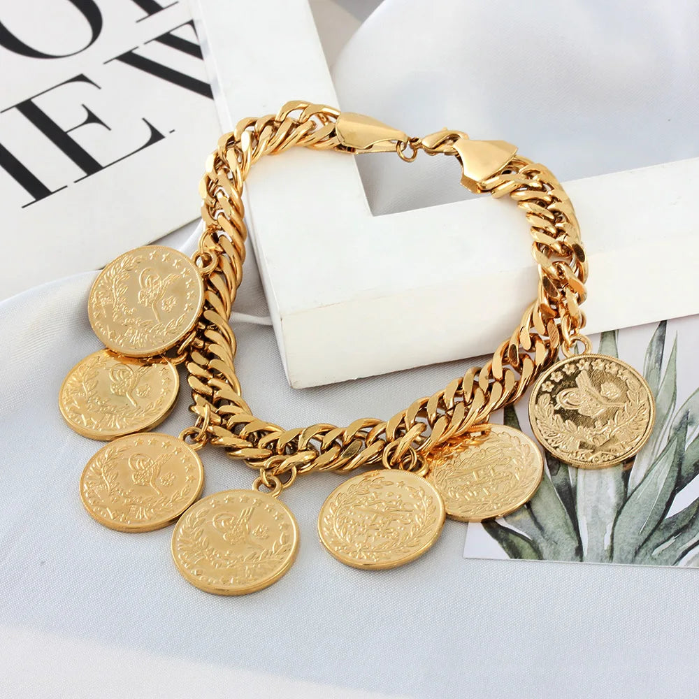 Turkish Coin Charm Bracelet – Gold-Tone Bangle for Women