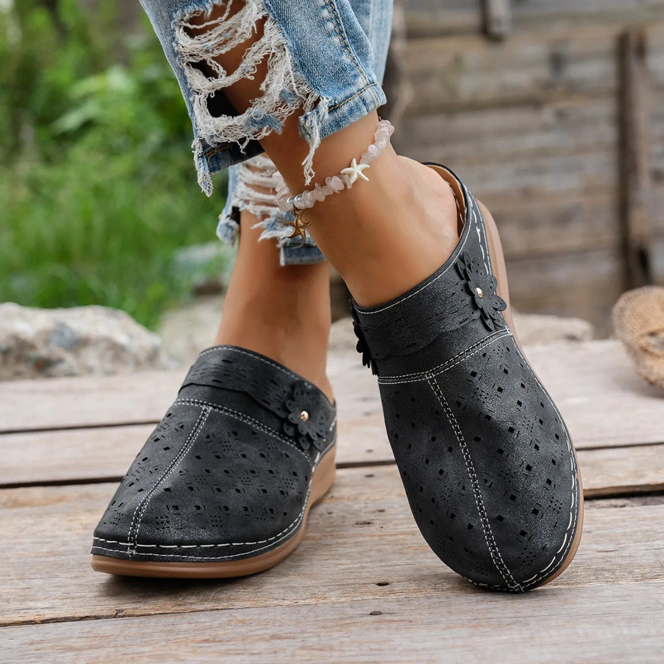 Women's Metal Accent PU Slip-On Mule Flats