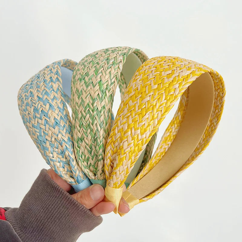 Woven Straw Braid Wide Headband Women Widened Anti Slip Linen Headwrap Travel Colored Striped Lafite Grass Hnitted Hair Hoops
