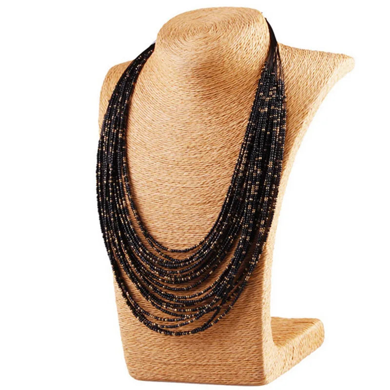 Boho Multi-Layer Beaded Choker Necklace with Glass Pendants