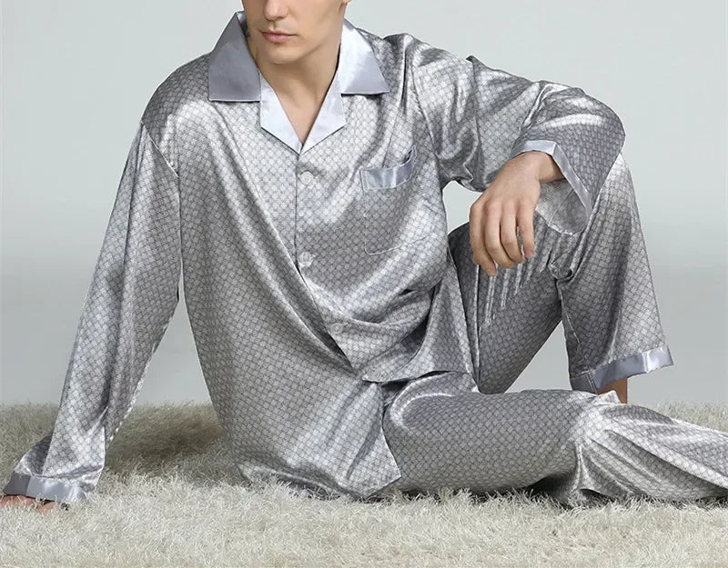 2026Men's Spring Summer Pajamas Sets Long Sleeve Tops&Pants Two-pieces Satin Home Clothes Male Ice Silk Printed Lounge Nightwear