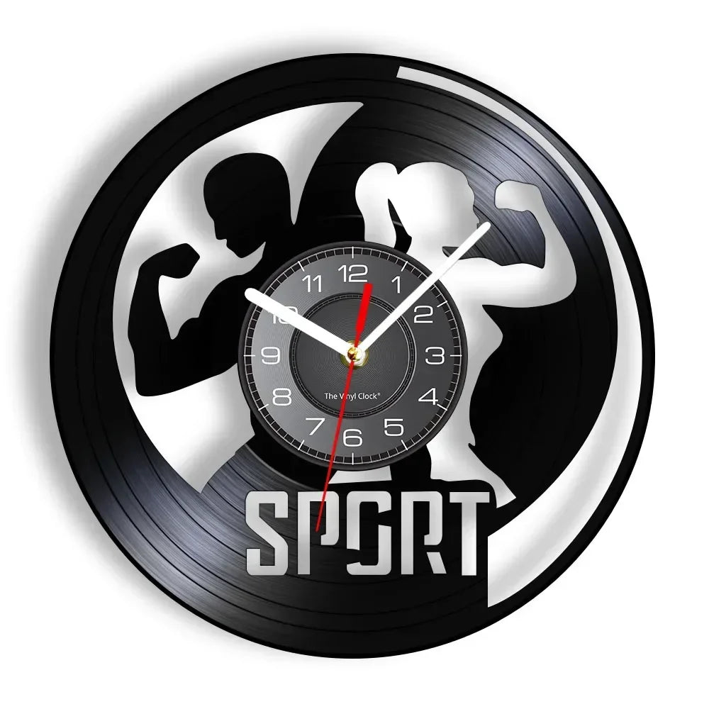 Fitness Theme Vinyl Record Wall Clock – LED Backlight Home Décor | 30cm