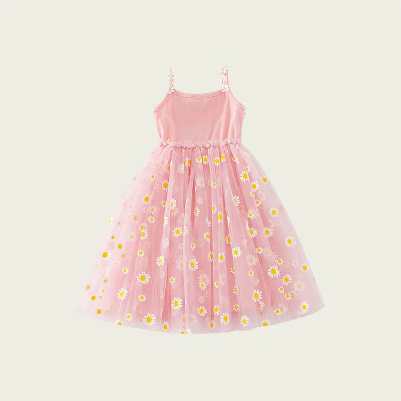 Summer Girls Sling Dress Cute Daisy Print Tulle Skirt Casual Party Dress Kids Princess Dress with Lace Flower Trim 2-8Years