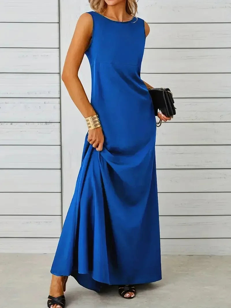Women's Summer Elegant Long Dress Fashion Solid Sleeveless O-neck Temperament Slim Maxi Dress Ladies A-line Casual Dress