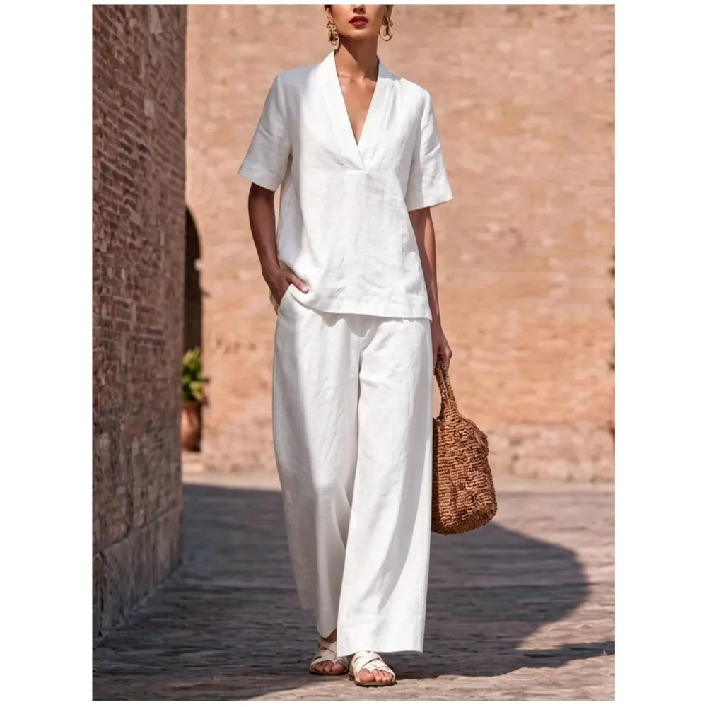 Summer Casual V-neck Short-sleeved Women Trousers 2-piece Set Fashion Casual Loose Wide-leg Trousers Female Lazy Daily Suit 2026