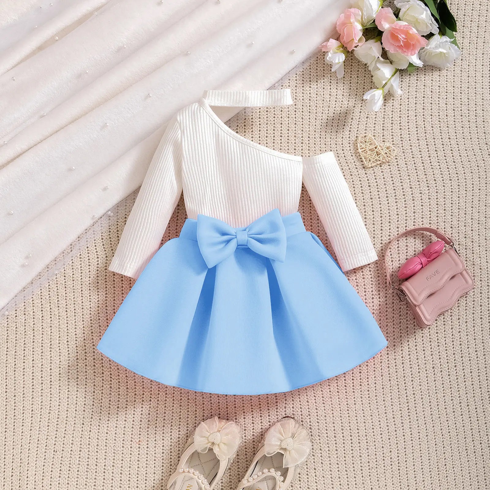 Girls' Off-Shoulder Bow Ruffle Sleeve Two-Piece Dress Set