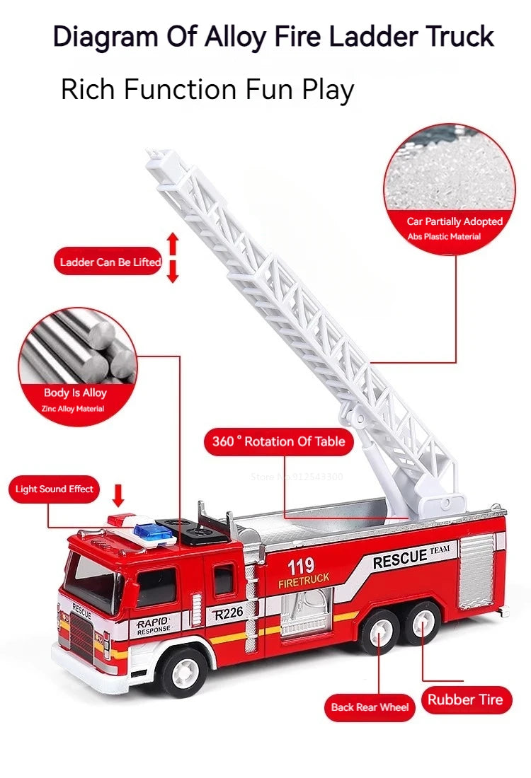 1:32 Fire Truck Model Toy Car Alloy Body Rubber Tire Music Light Pull Back Climbing Water Tank 119 Vehicles Models Toys Gifts