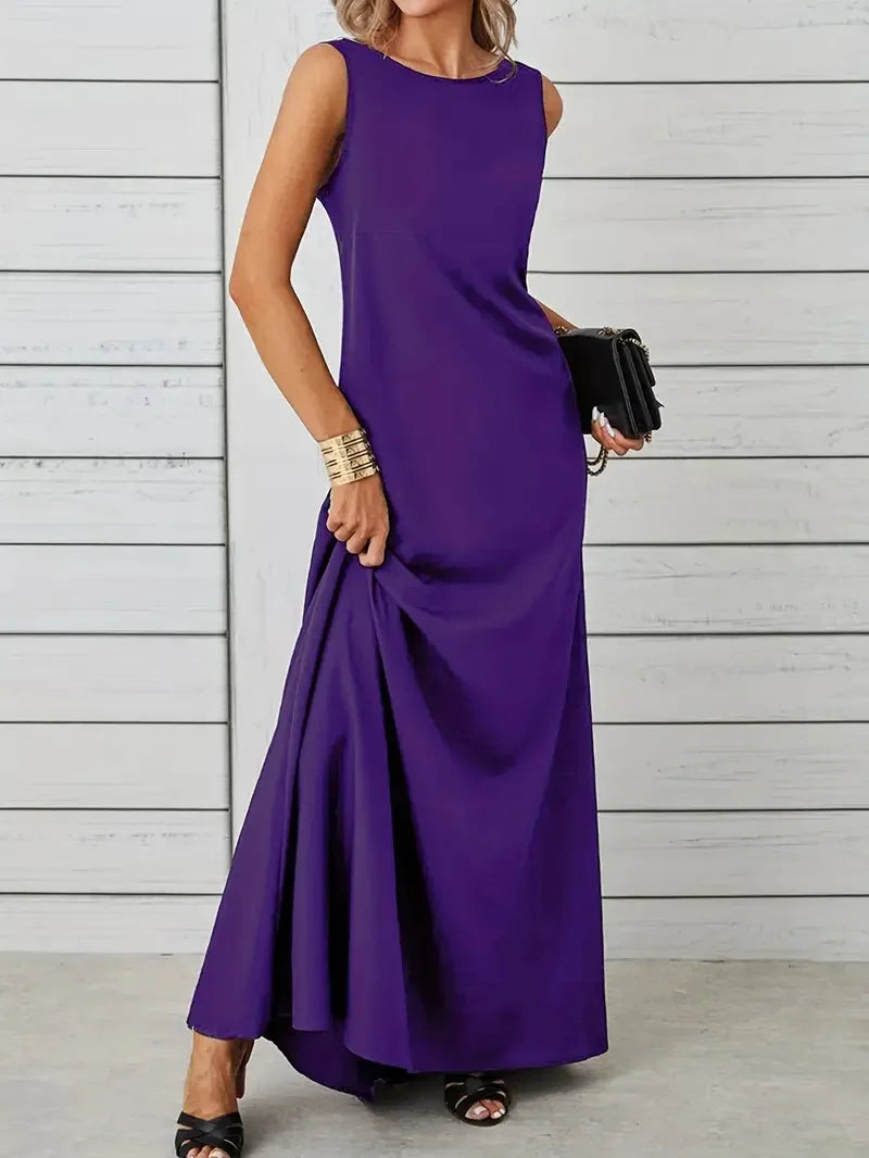2026 Women's Summer Elegant Long Dress Fashion Solid Sleeveless O-neck Temperament Slim Maxi Dress Ladies A-line Casual Dress
